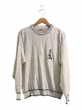 Winona Knits White Navy Crewneck Sweater Nautical Lighthouse Embroidery Sz L